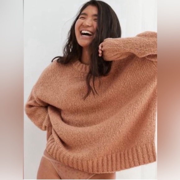 Aerie Wool Blend Oversized Sweater Pink Tan Crewneck Cozy Knit Relaxed Fit - Picture 1 of 10